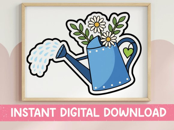Blue Watering Can Daisy Garden Sticker: Graphics for T-Shirt Designs