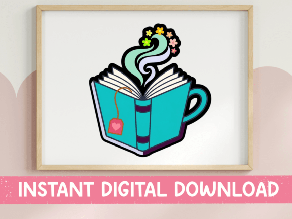 Book and Tea Cup Bookworm Sticker: Graphics for T-Shirt Designs