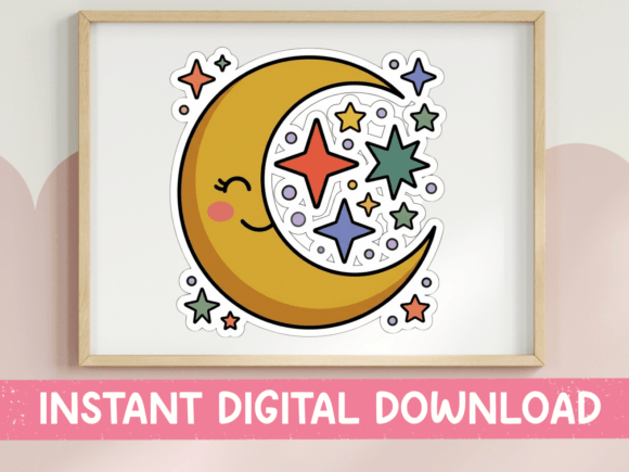 Cute Crescent Moon with Stars Sticker: Graphics for T-Shirt Designs