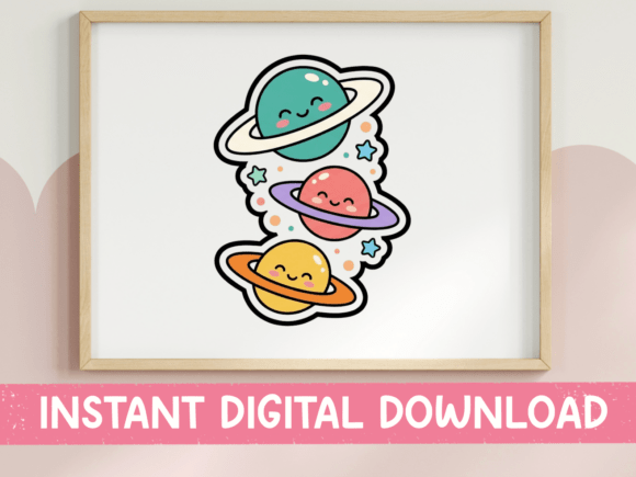Cute Kawaii Planets Sticker Design: Graphics for T-Shirt Designs & Beyond