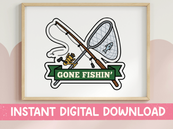 Gone Fishin Crossed Rods Sticker Badge: Graphics & T-Shirt Designs