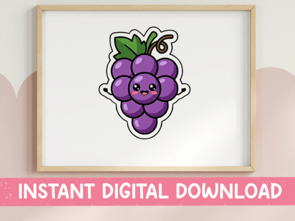 Kawaii Purple Grapes Sticker Design: Graphics & T-Shirt Designs