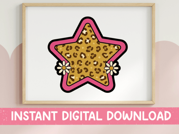 Leopard Print Star with Daisies Sticker: Graphics for T-Shirt Designs
