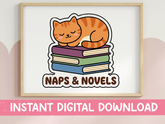 Naps and Novels Cozy Cat Sticker: Graphics & T-Shirt Designs