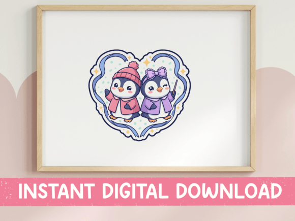 Penguin Couple in Heart Frame Sticker: Graphics for T-Shirt Designs
