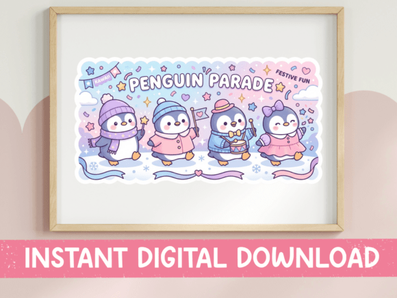 Penguin Parade Festive Sticker Sheet SVG: Graphics for T-Shirt Designs