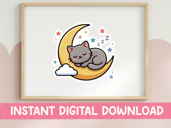 Sleeping Cat on Moon Graphics for T-Shirt Designs